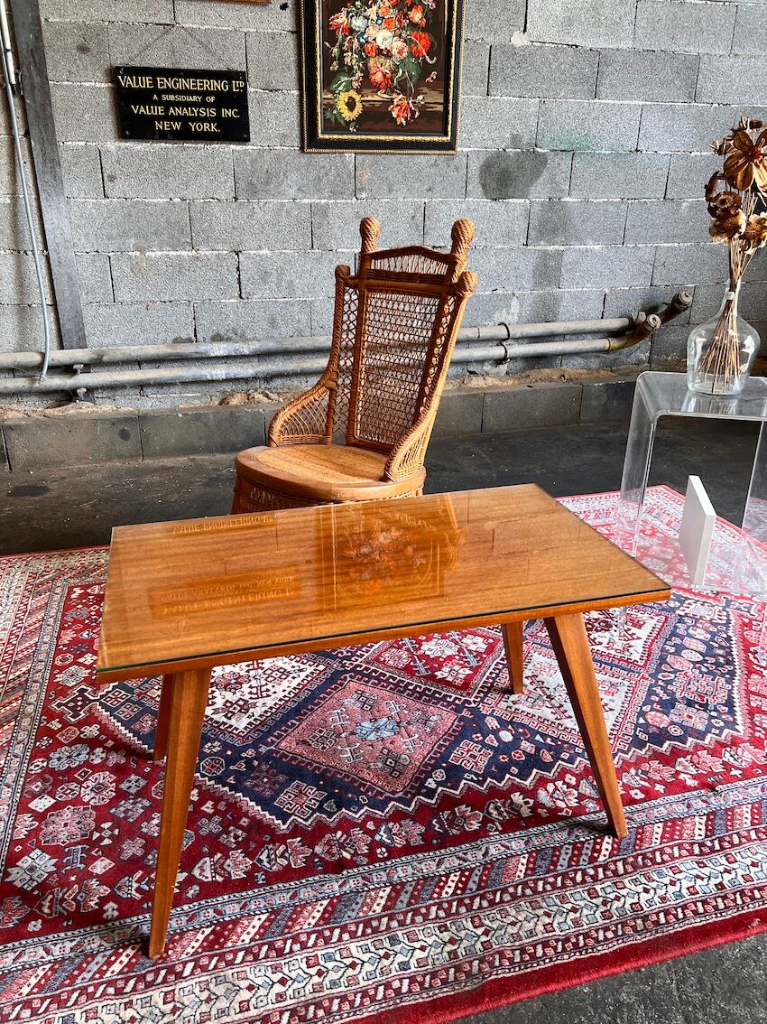 Vintage Scandinavian style teak coffee table with compass legs and glass top - 60s