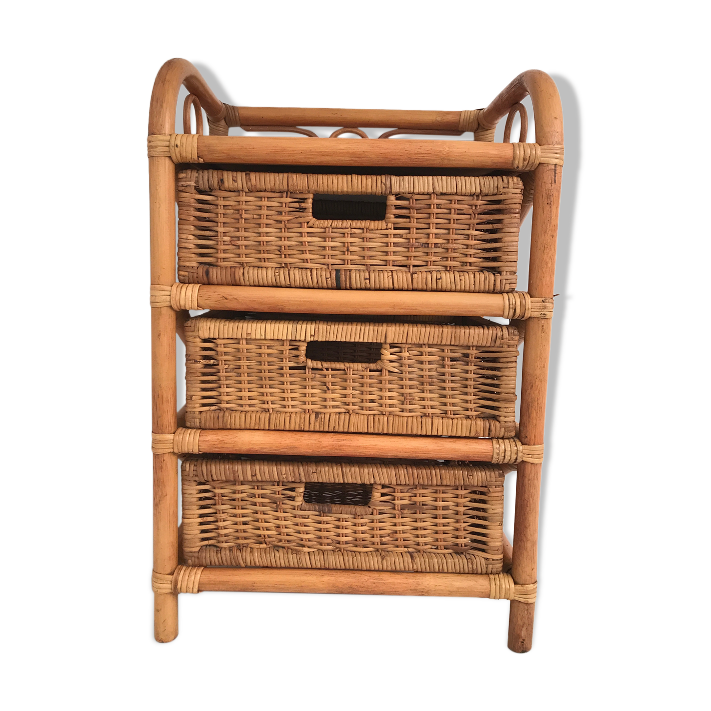 Rattan wicker storage cabinet with 3 vintage drawers