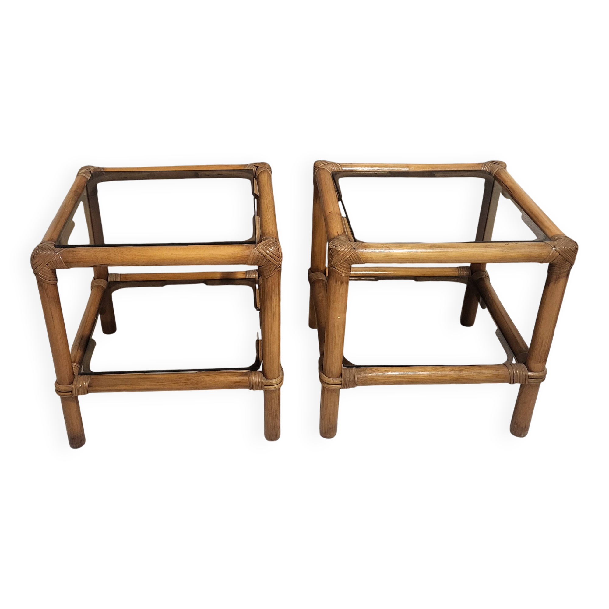 Table, side table in rattan and smoked glass from the 60s, vintage