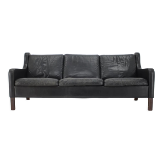 1970s Danish Black Leather 3-Seater Sofa