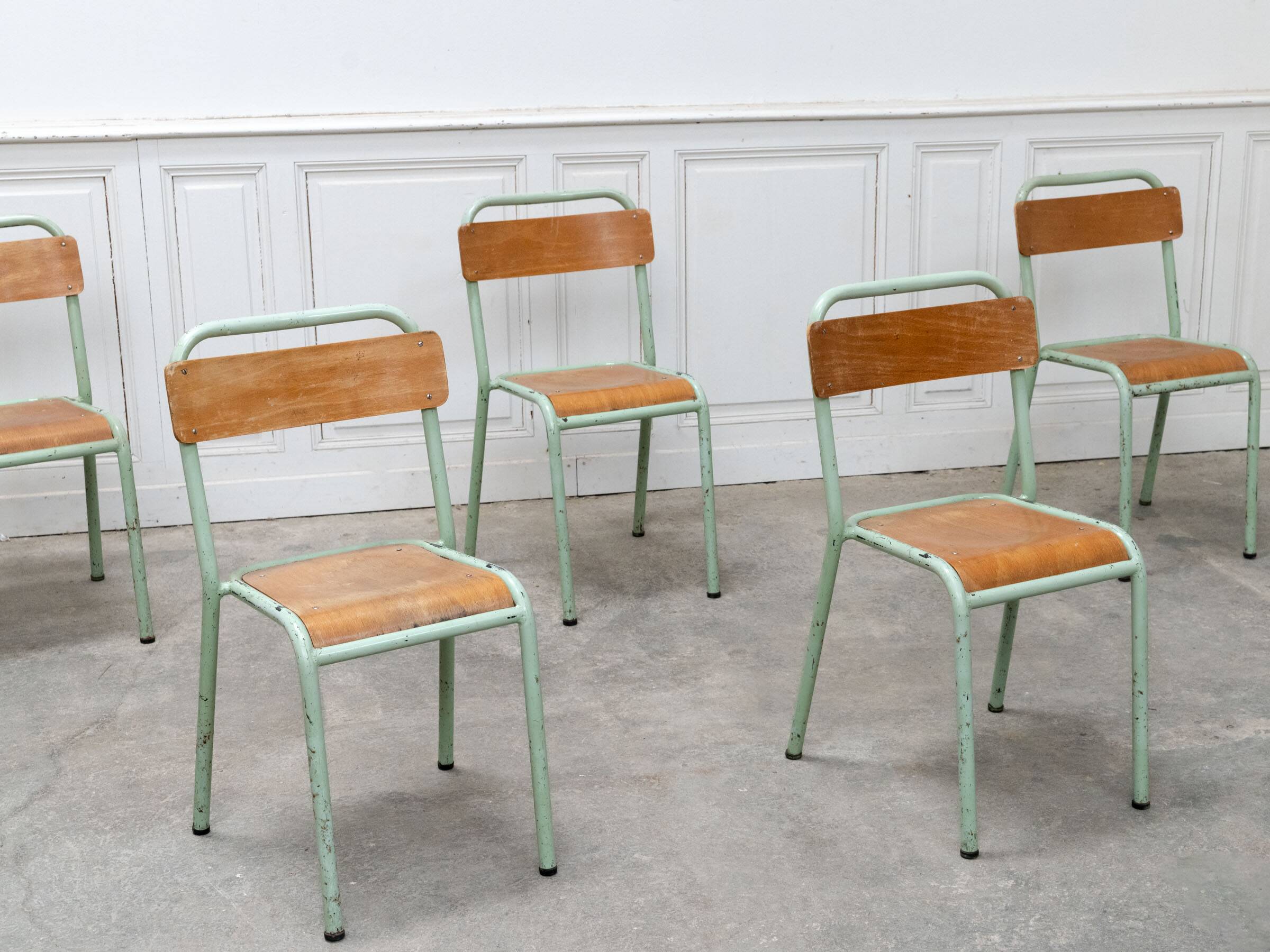 Lot de 6 chaises d’école Mobiltube turquoise 1950