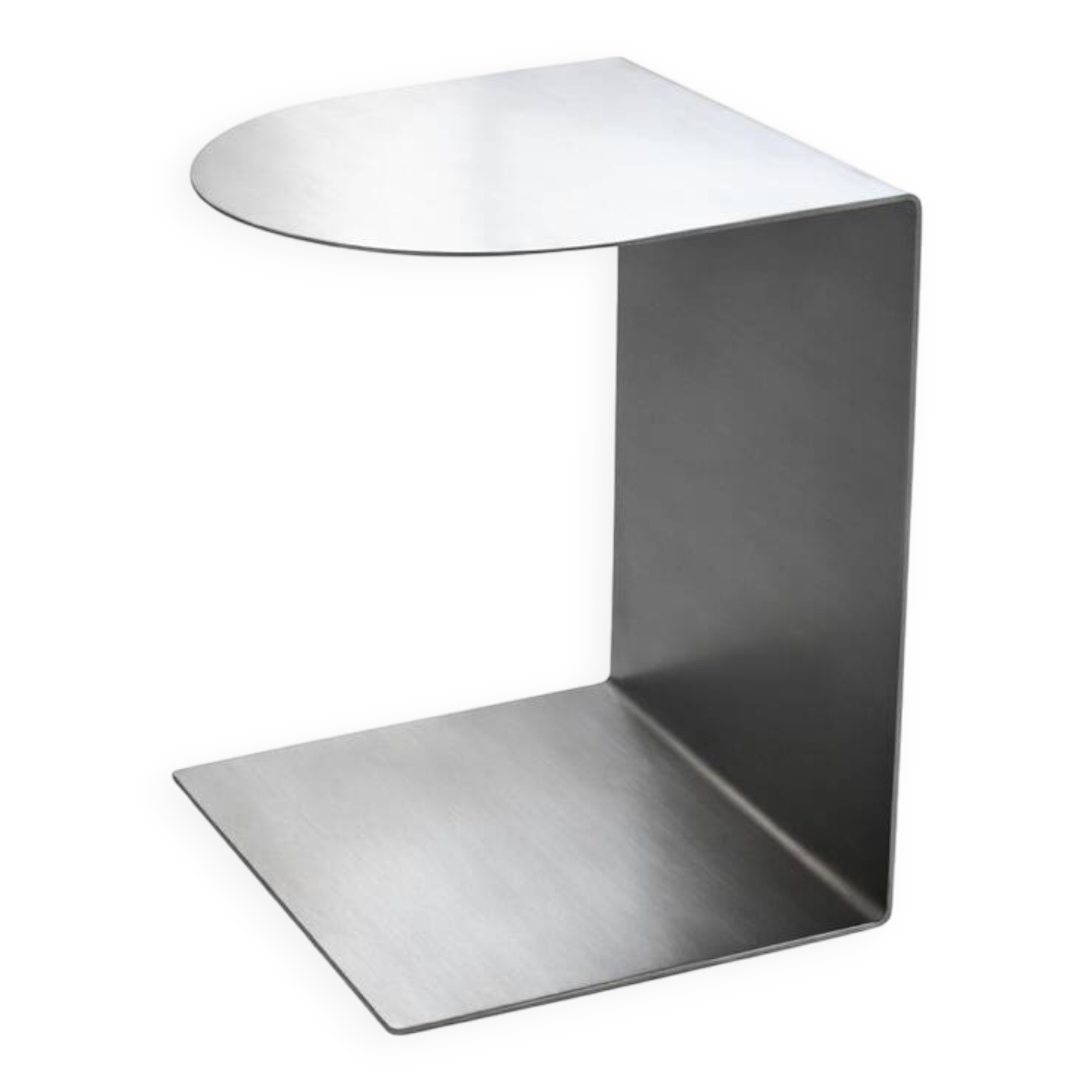 C-shaped brushed stainless steel side table