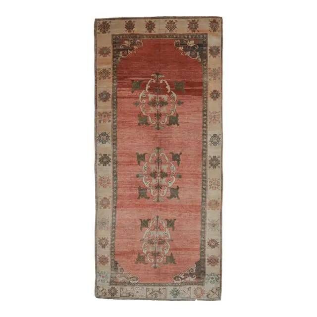 Vintage Turkish Oushak handmade pink cotton wool runner rug 163x370