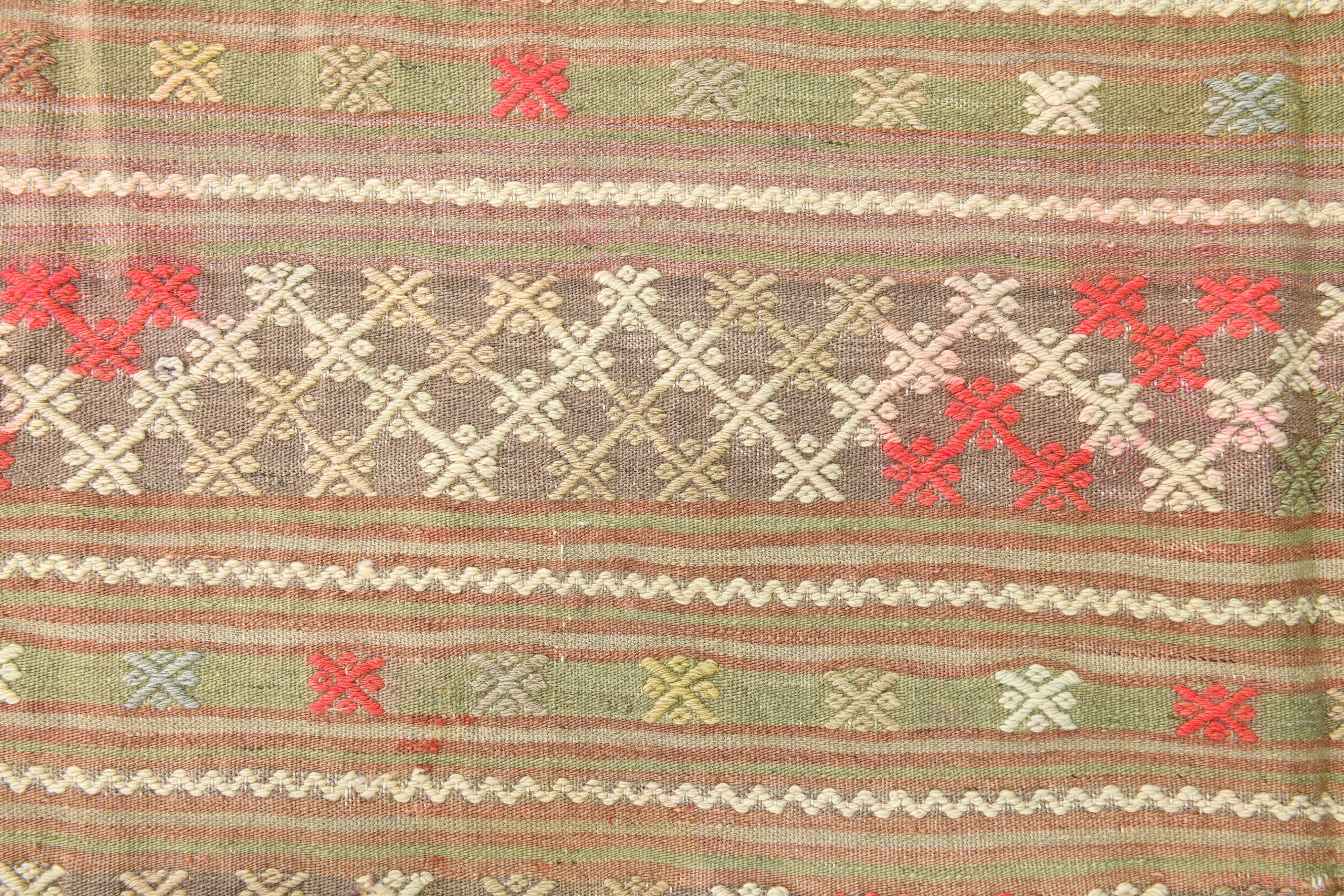 6x8 Light Green Brown Turkish Kilim Rug, 173x260Cm