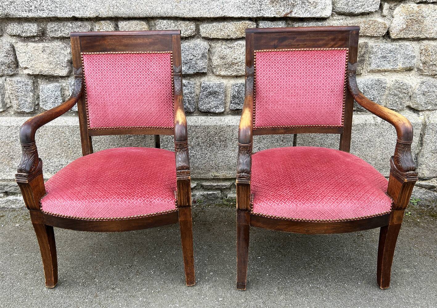 Pair of Empire armchairs, Consulate, walnut and velvet, 19th century.