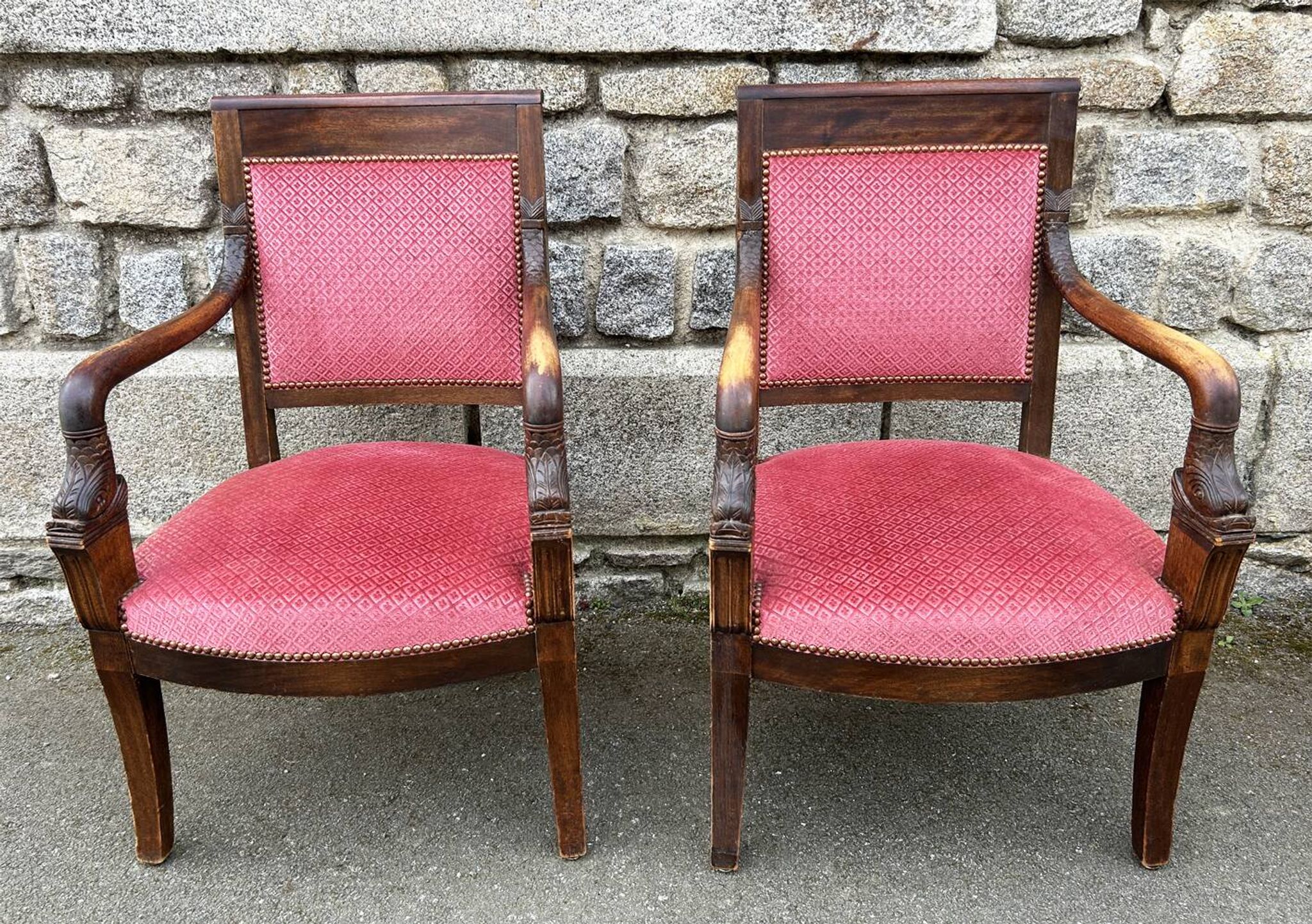 Pair of Empire armchairs, Consulate, walnut and velvet, 19th century.
