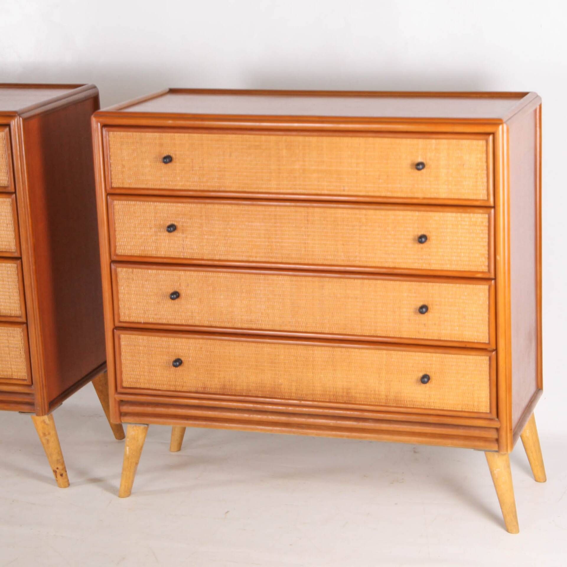 Pair of rattan and wood bedside tables