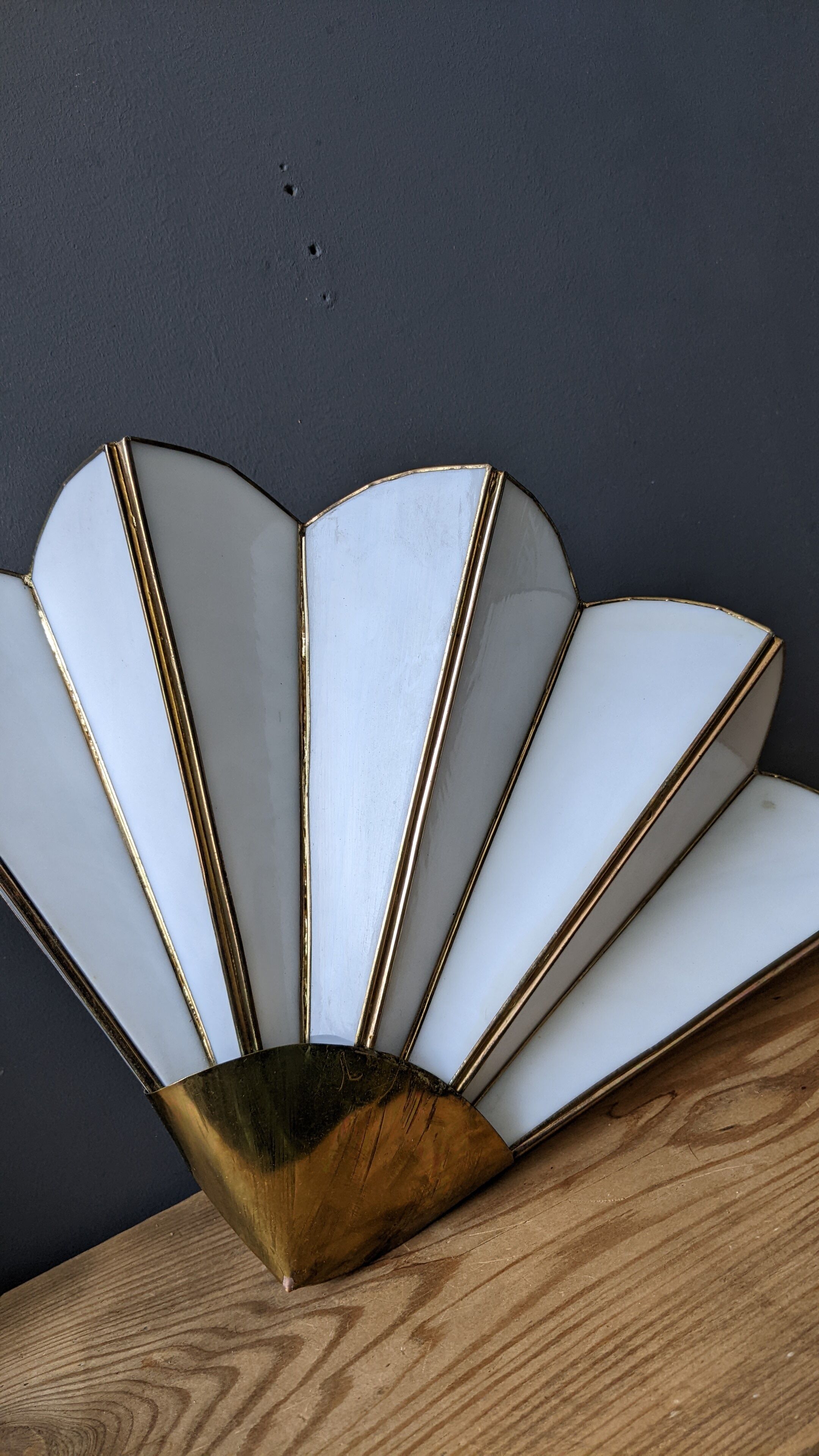 Pair of mother-of-pearl and brass fan wall lamps