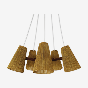 Teakwood and raffia bast chandelier by Temde