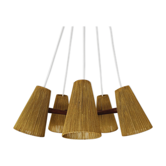 Teakwood and raffia bast chandelier by Temde