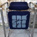 Pair of vintage chrome and blue microfibre armchairs circa 70