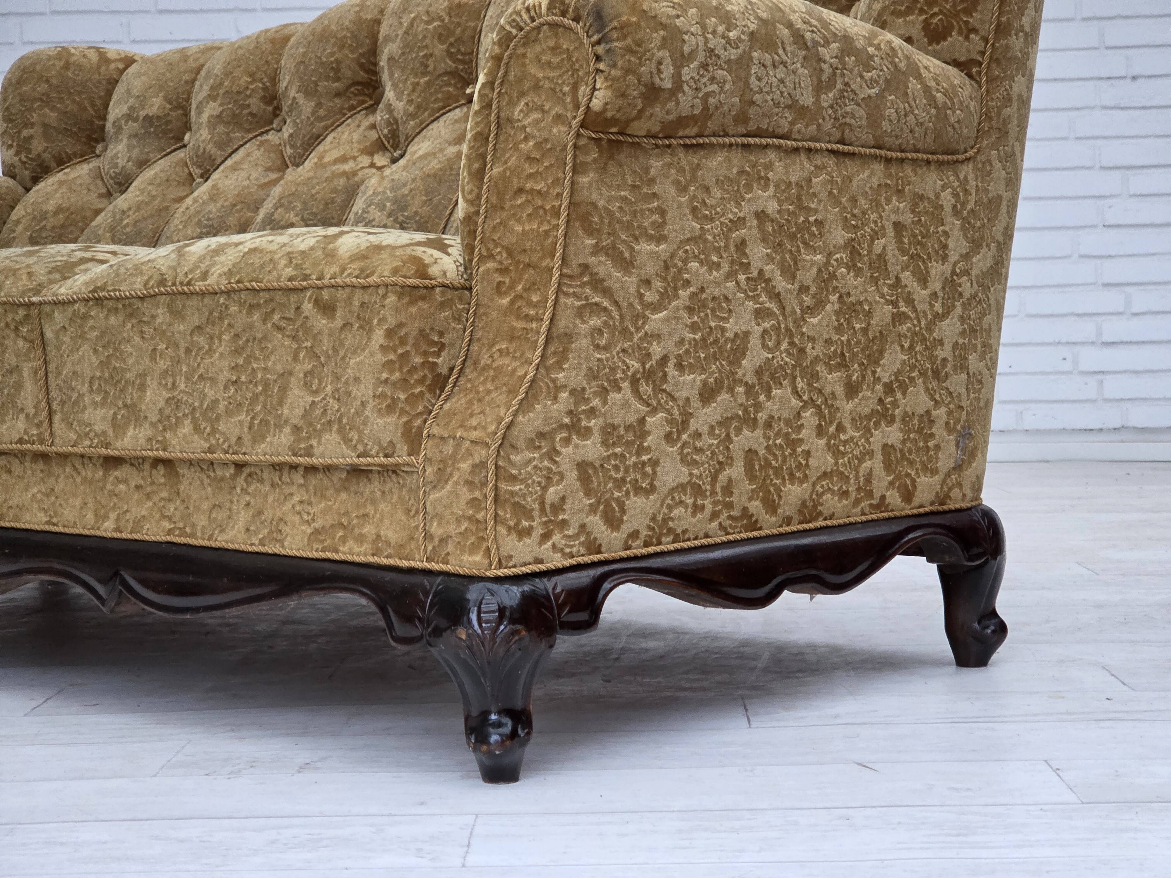 1950s, Danish 3-seater sofa, furniture velour, carved oak wood.