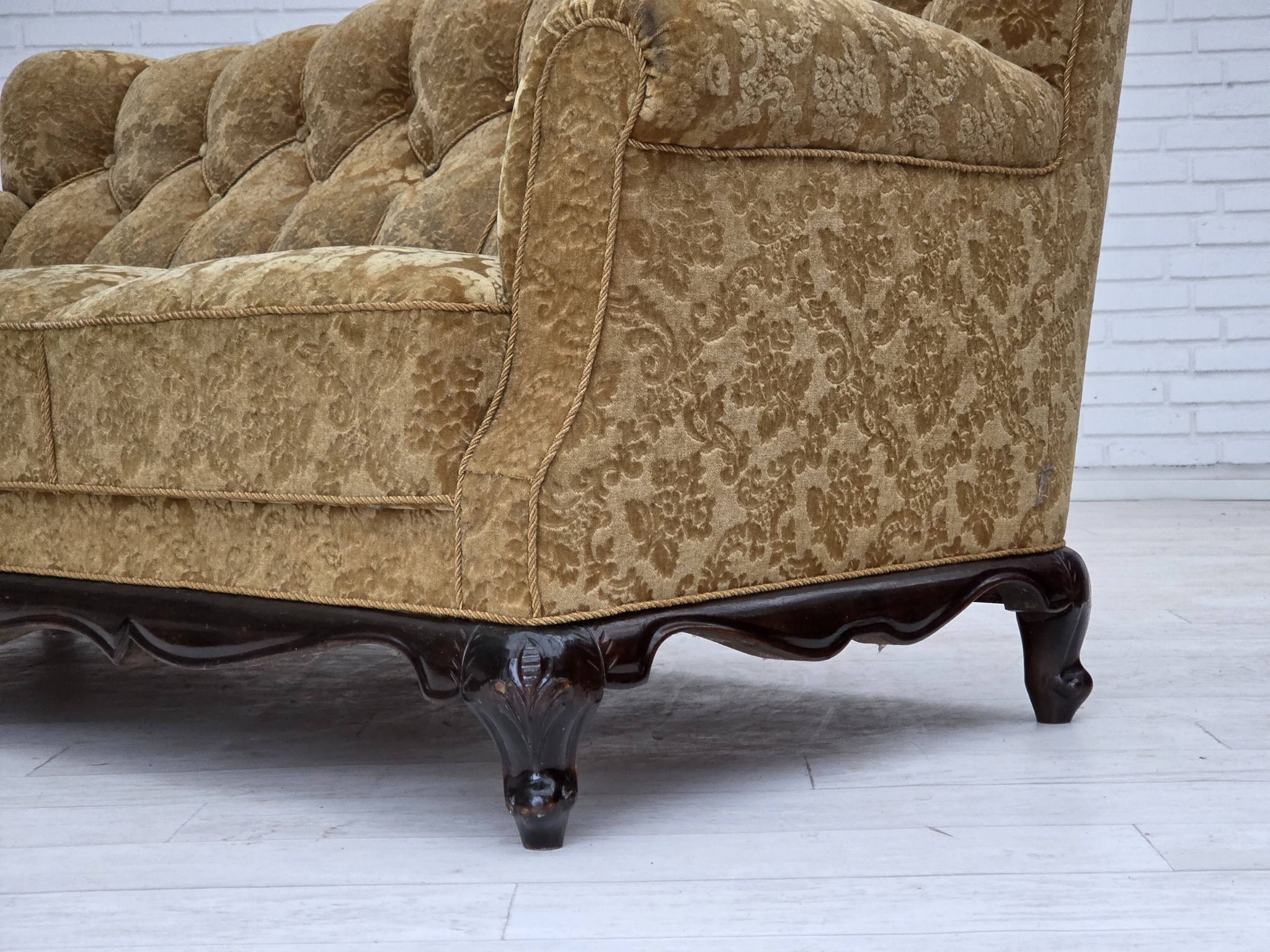 1950s, Danish 3-seater sofa, furniture velour, carved oak wood.