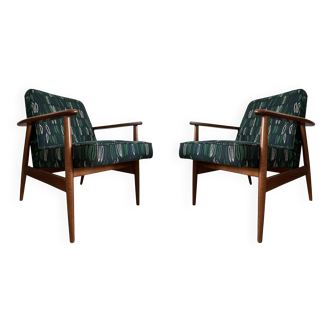 Set of Midcentury Armchairs, by Juliszu Kędziorek in Green Jacquard, 1960s