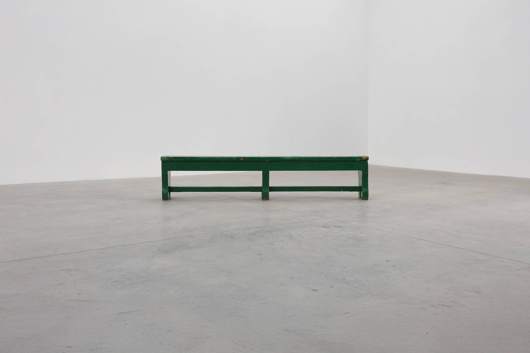 Rustic primitive green farmhouse bench in solid oak, France ca. 1900