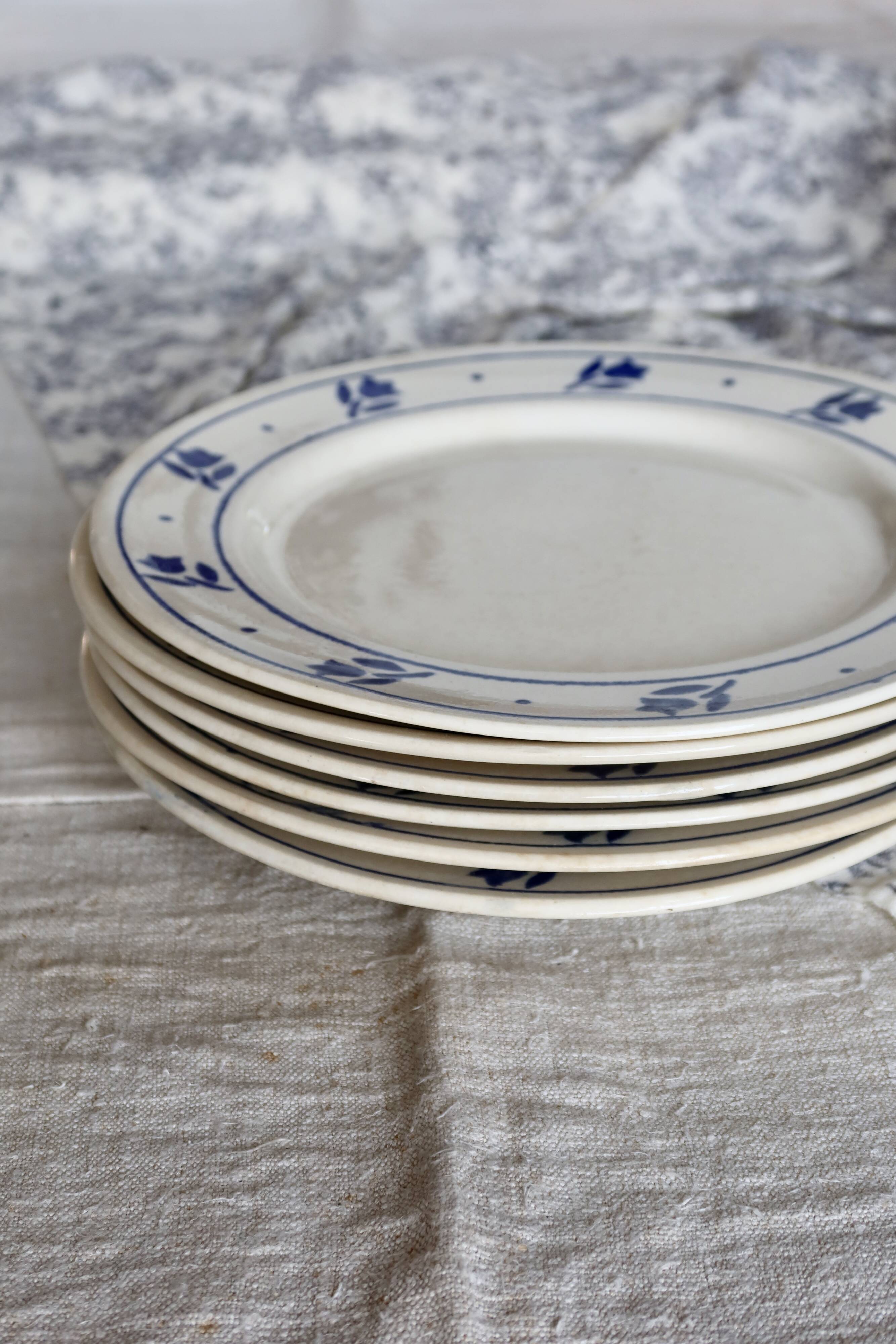 6 antique earthenware dinner plates - Blue tulip decor