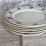 6 assiettes plates anciennes en faïence à décor de tulipes bleues
