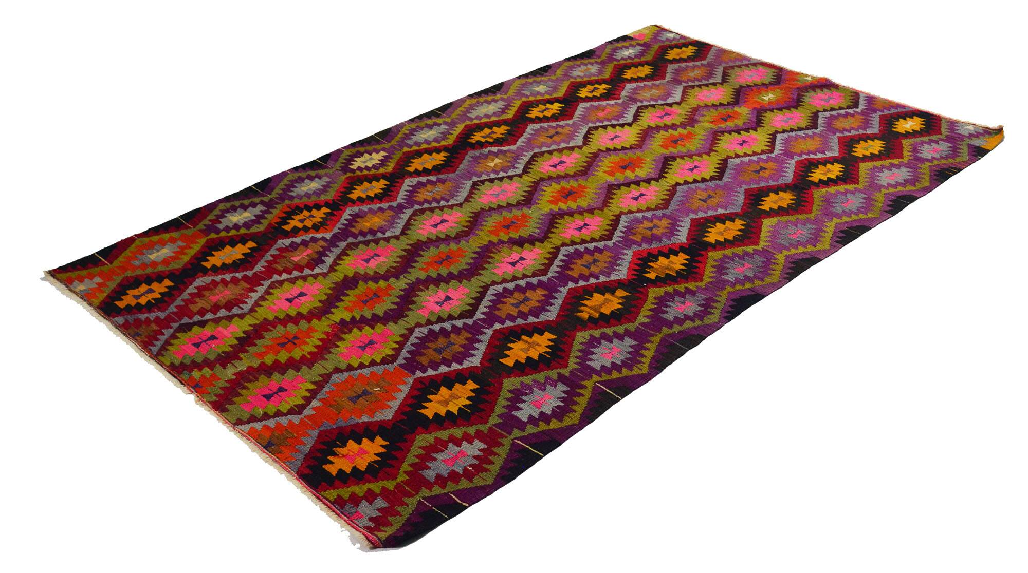 Turkish Kilim Yuruk Vintage 165x275 cm Geometric Pink Green Yellow
