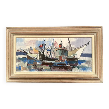 Grande huile sur panneau suédoise originale – « Scène marine » attribuée à Gösta Stawåsen – Signée – Vintage et encadrée