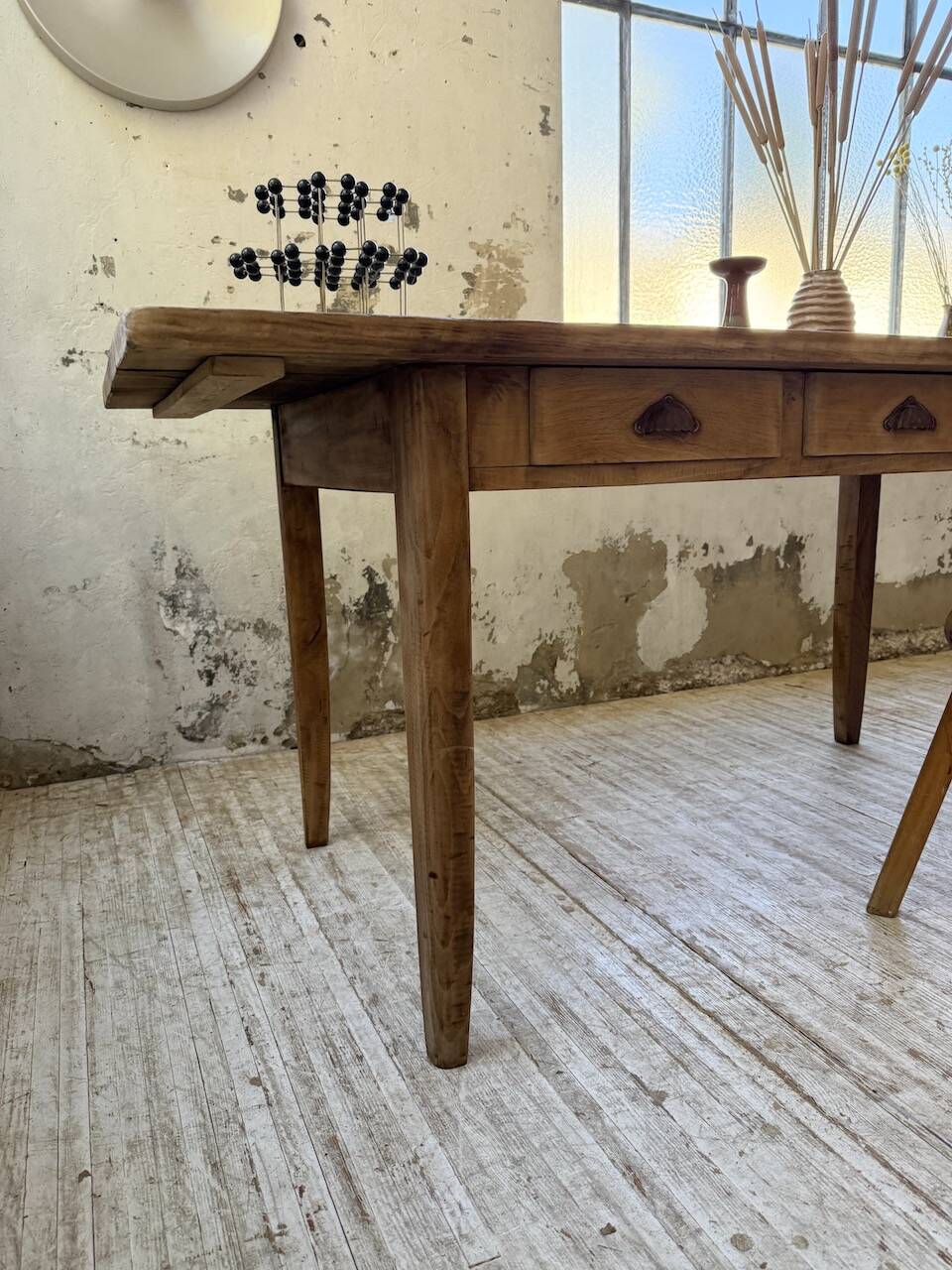 1950s pine and oak farmhouse table with multiple drawers
