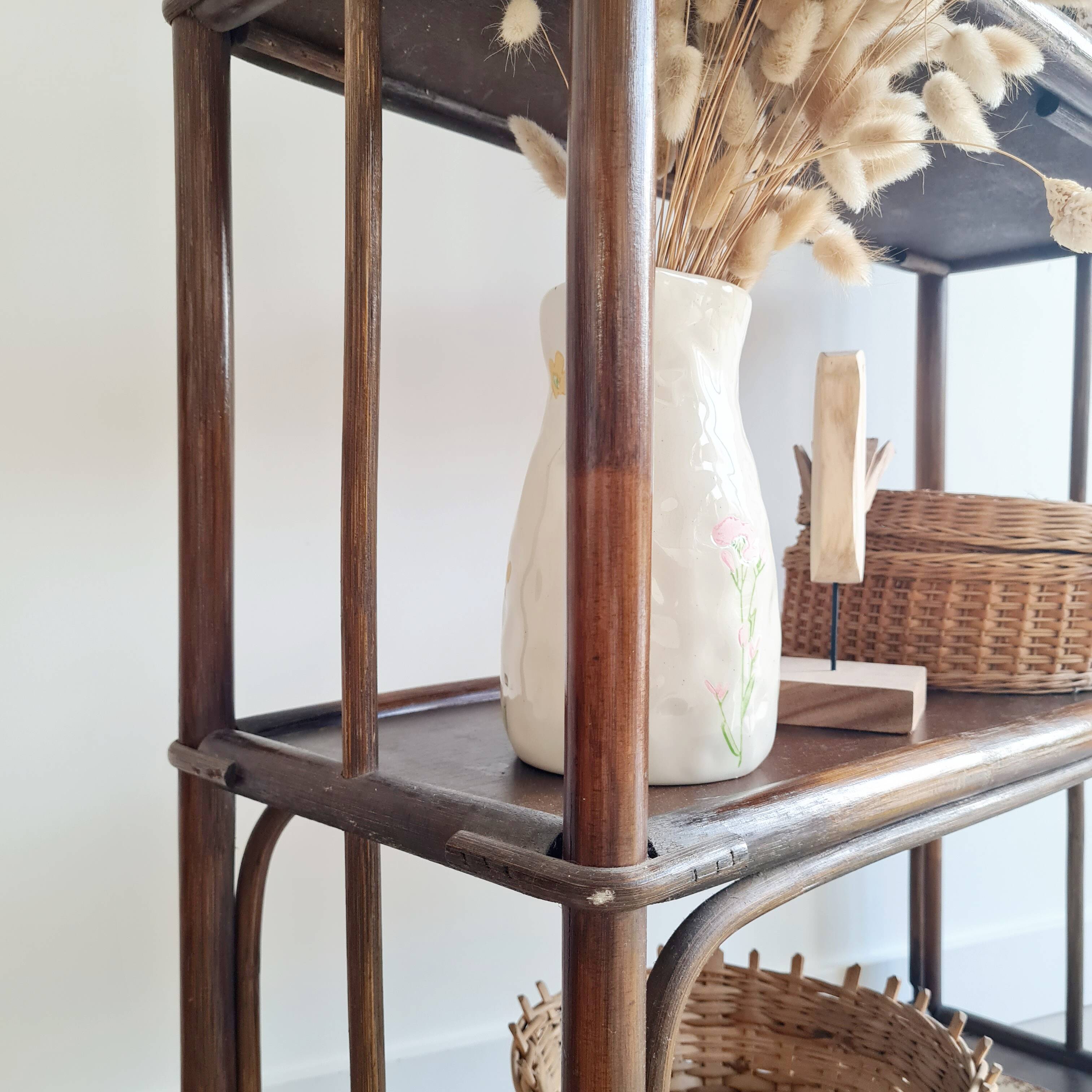 Etagère, bibliothèque en bois et rotin