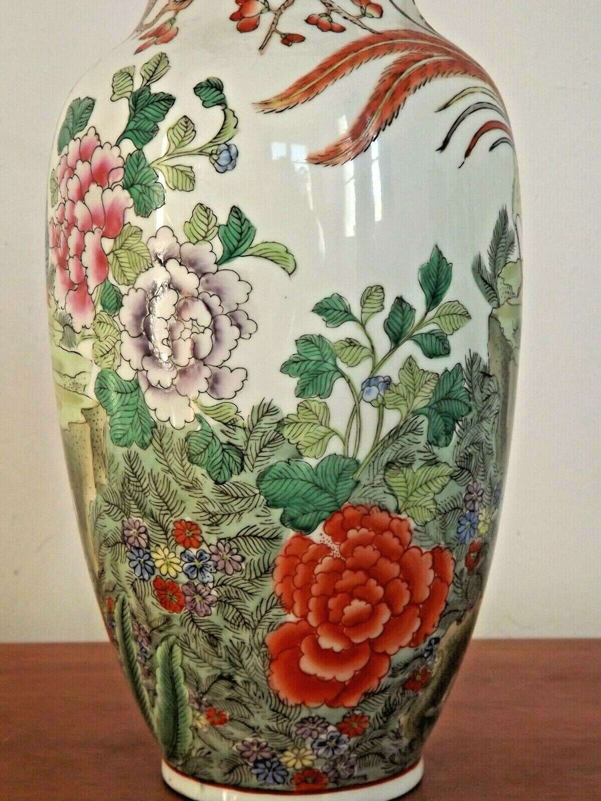 Decorative Vintage Chinese Bright Floral Vase With Pheasant Stamped On Base 3282