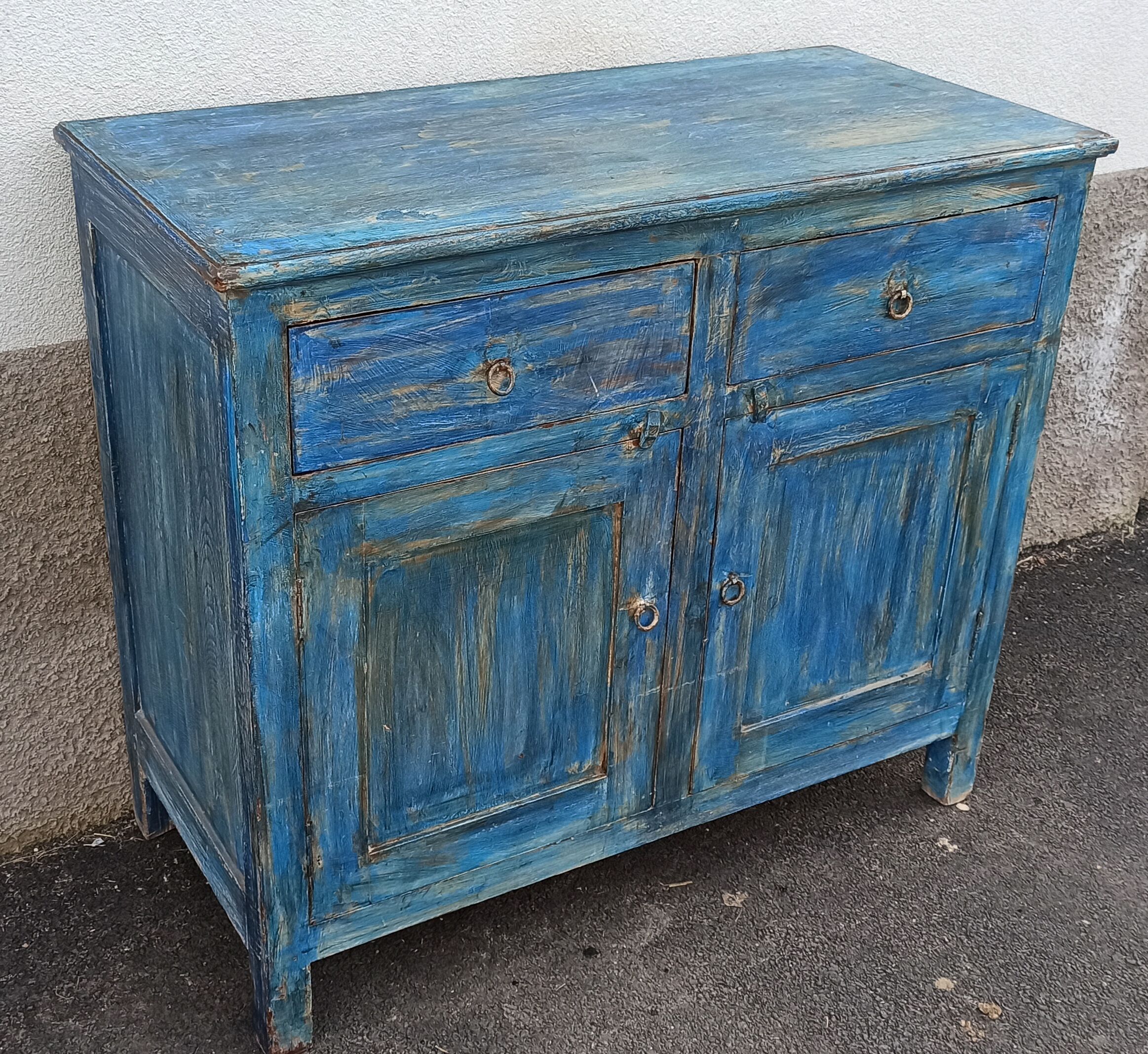Blue wooden buffet with 2 drawers and 2 doors