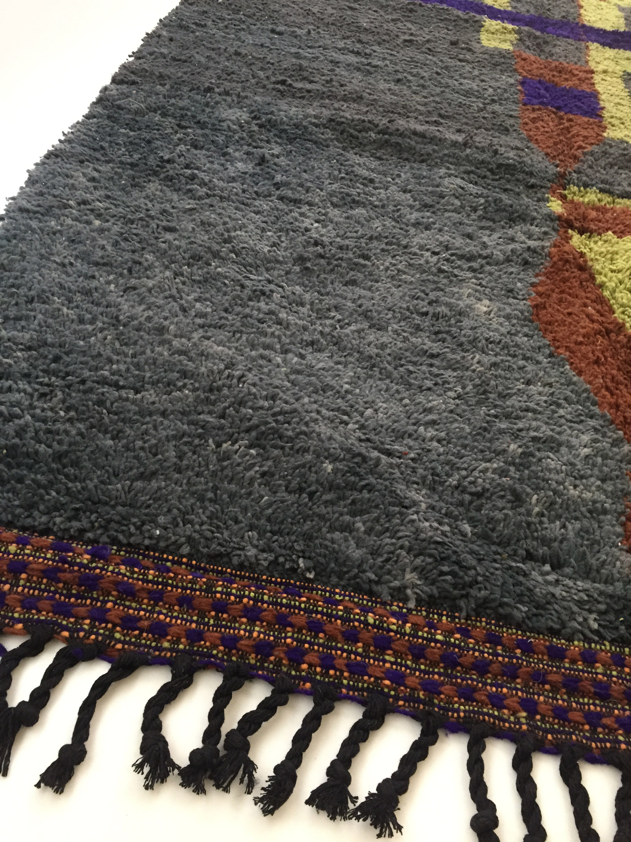 Moroccan Berber carpet Boujaad grey with colorful patterns 240x156cm