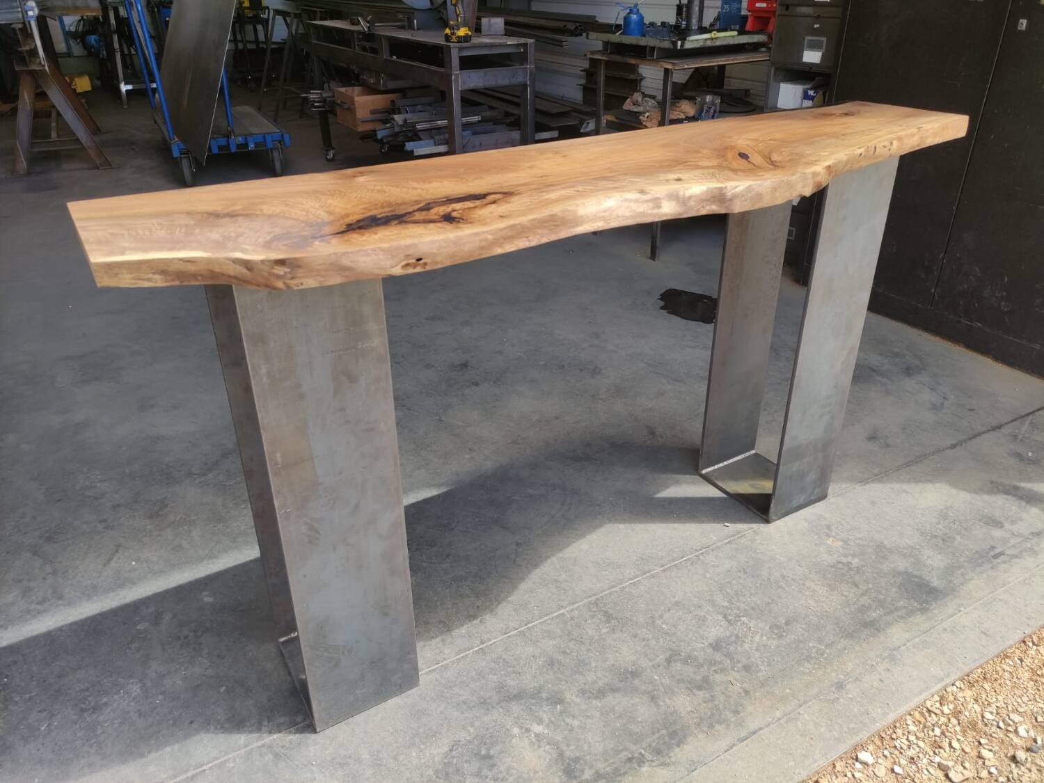 Walnut console with steel legs