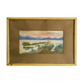 Tableau peinture ancienne coucher de soleil début XXe