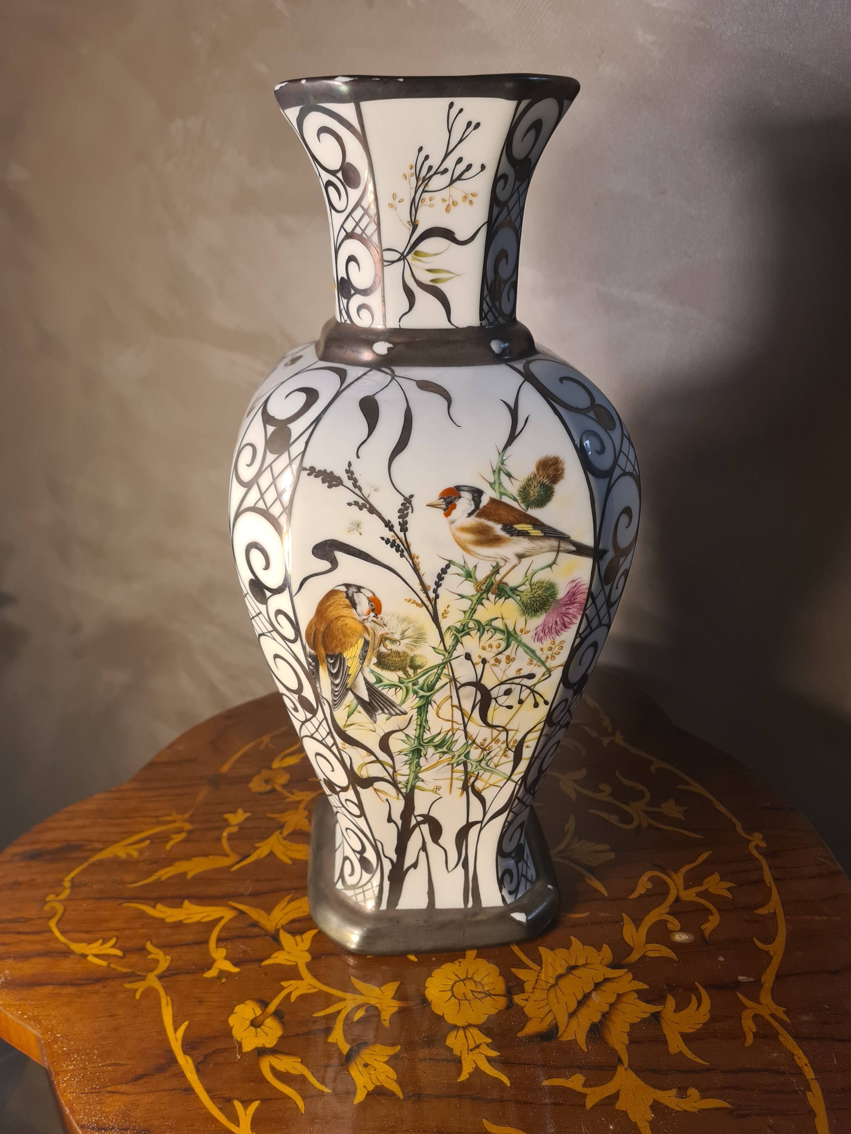 ceramic vase with birds BOHEMIA porcelain 1960 37x17 beautiful size