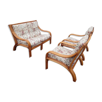 Sofa + 2 armchairs in rattan and fabric