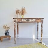 Patinated table - desk with turned legs and its drawer
