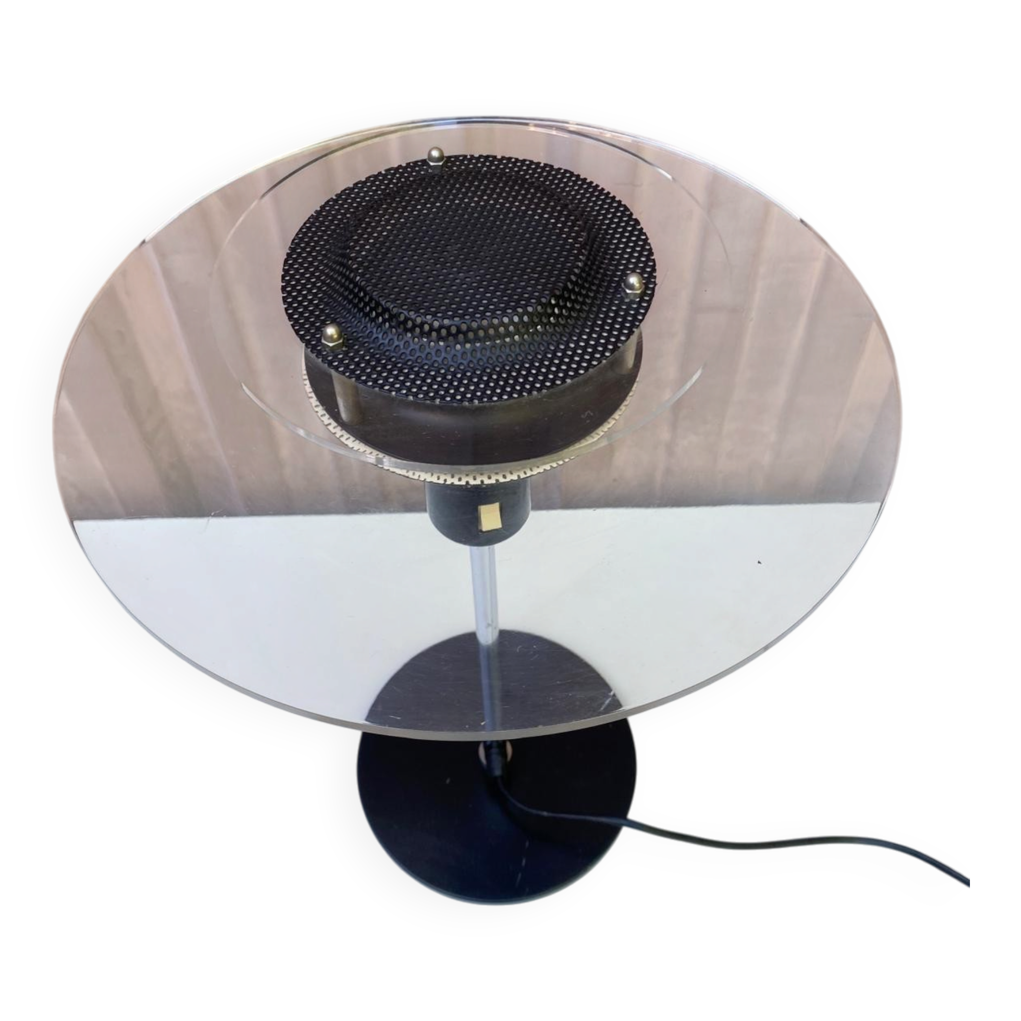 Post-modern vintage lamp in black metal and plexiglass from the 1970s.