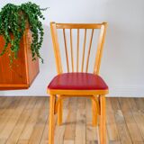 Baumann bistro chair in blond oak and red leatherette, 1950
