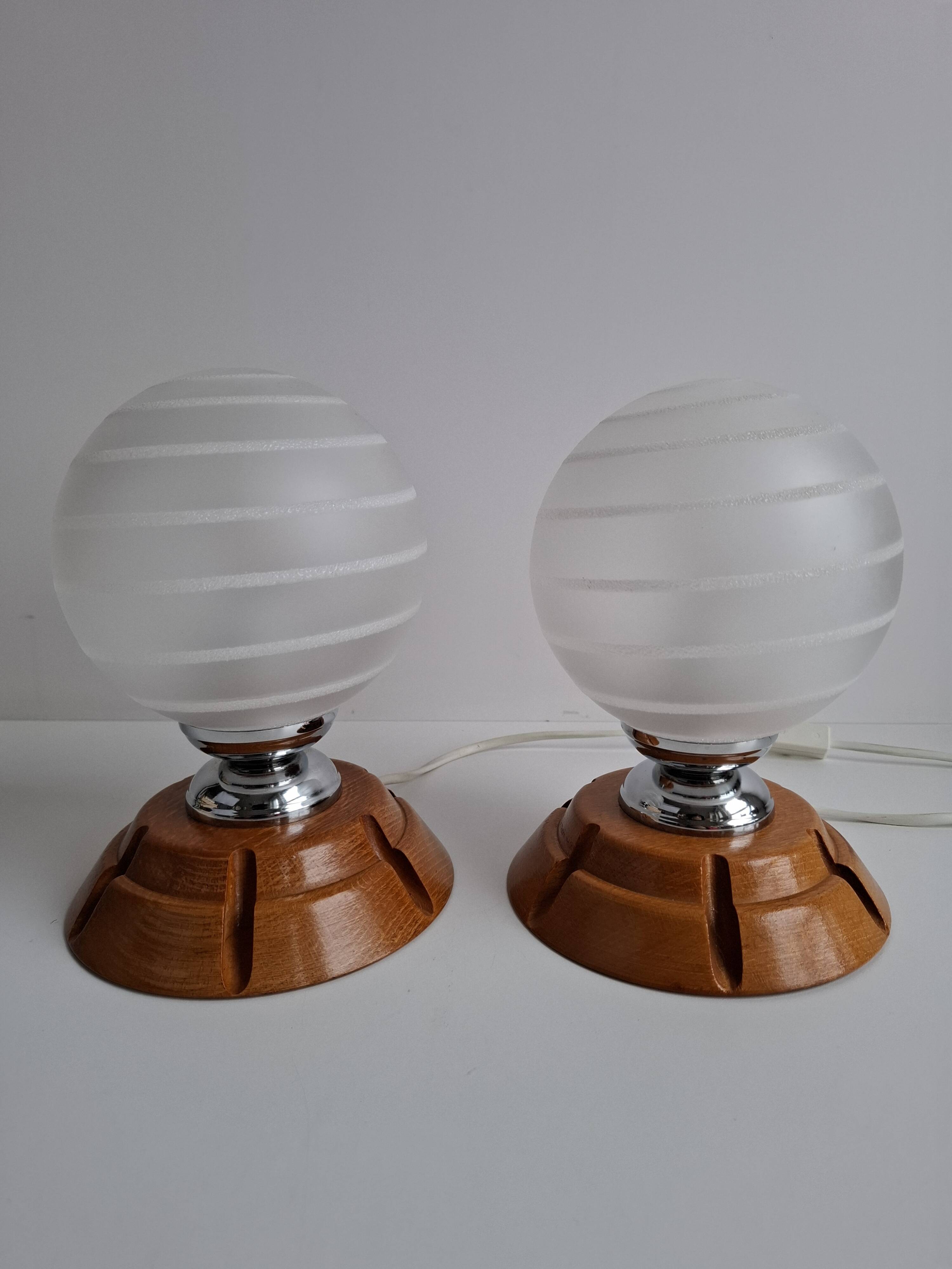 Pair of Mid-Century Czech Wood and Frosted Glass Table Lamps, 1990