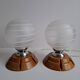 Pair of Mid-Century Czech Wood and Frosted Glass Table Lamps, 1990