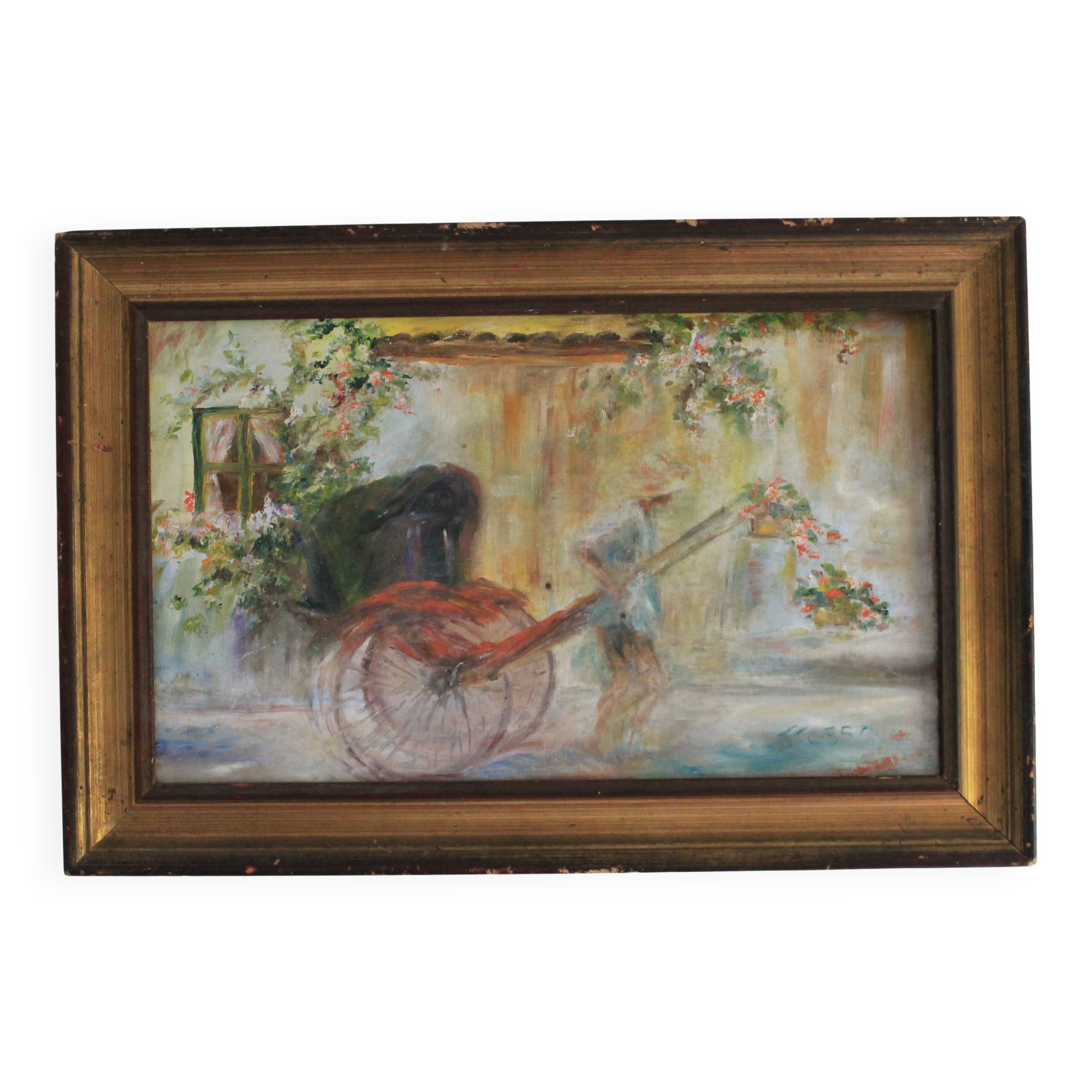 Oil on canvas signed F. Fosso, depicting a man pulling a cart.