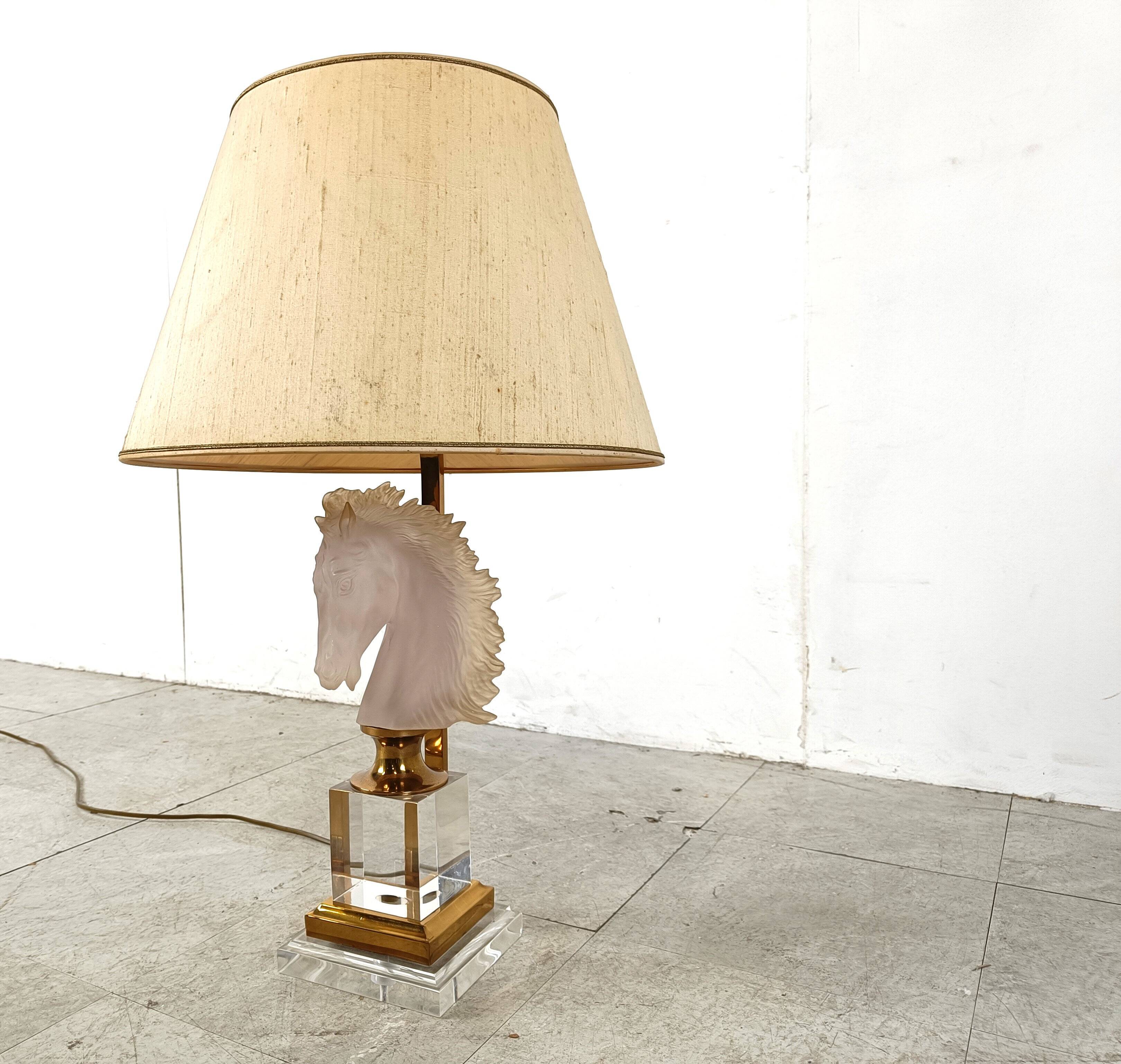 Brass and glass horse head table lamp, 1970s France