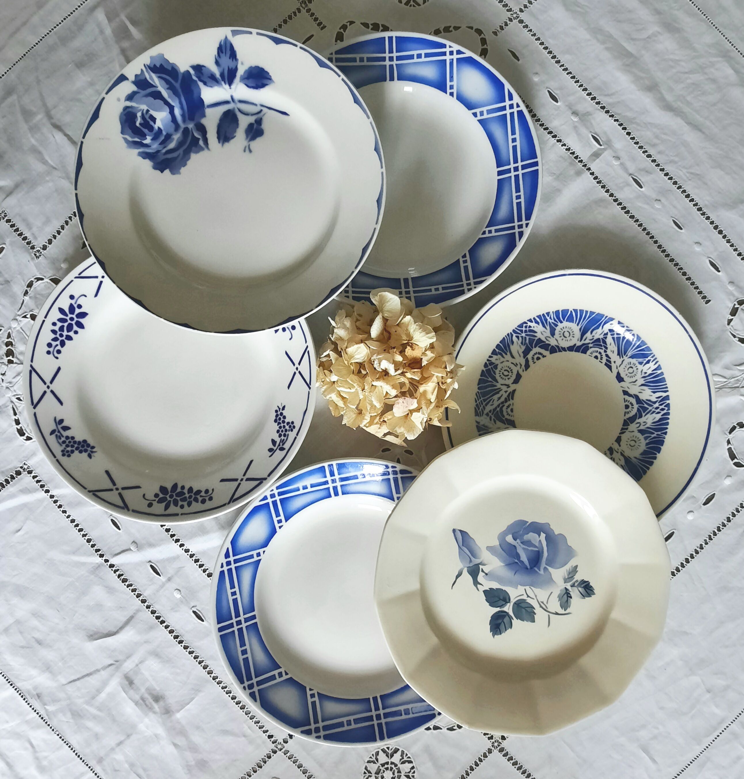 Old flat plates mismatched in earthenware