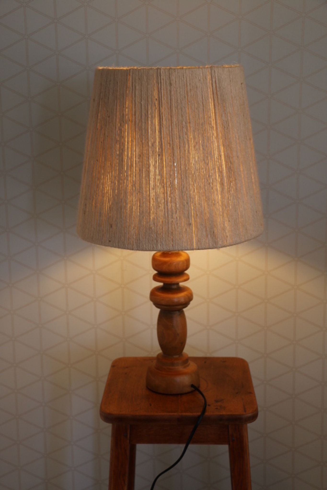 Turned wood lamp with 600mm rope shade