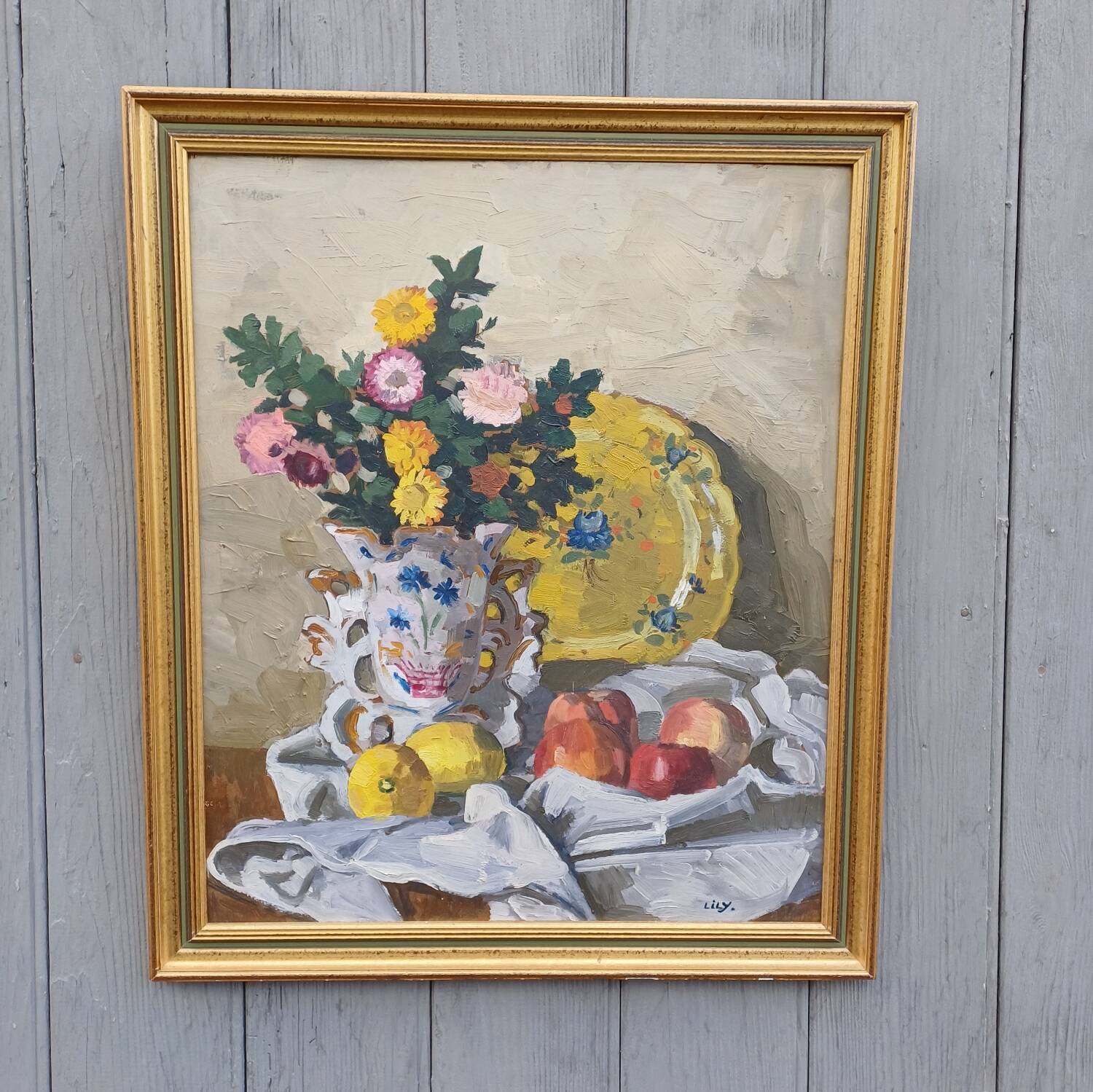 Peinture ancienne vase de marié avec son bouquet