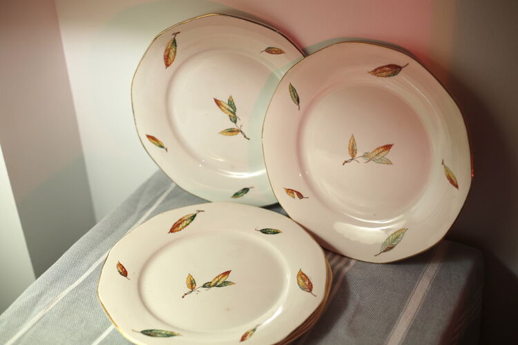 Assiettes plates en porcelaine Digoin Sarreguemines motif feuilles d'automne + 1 offerte