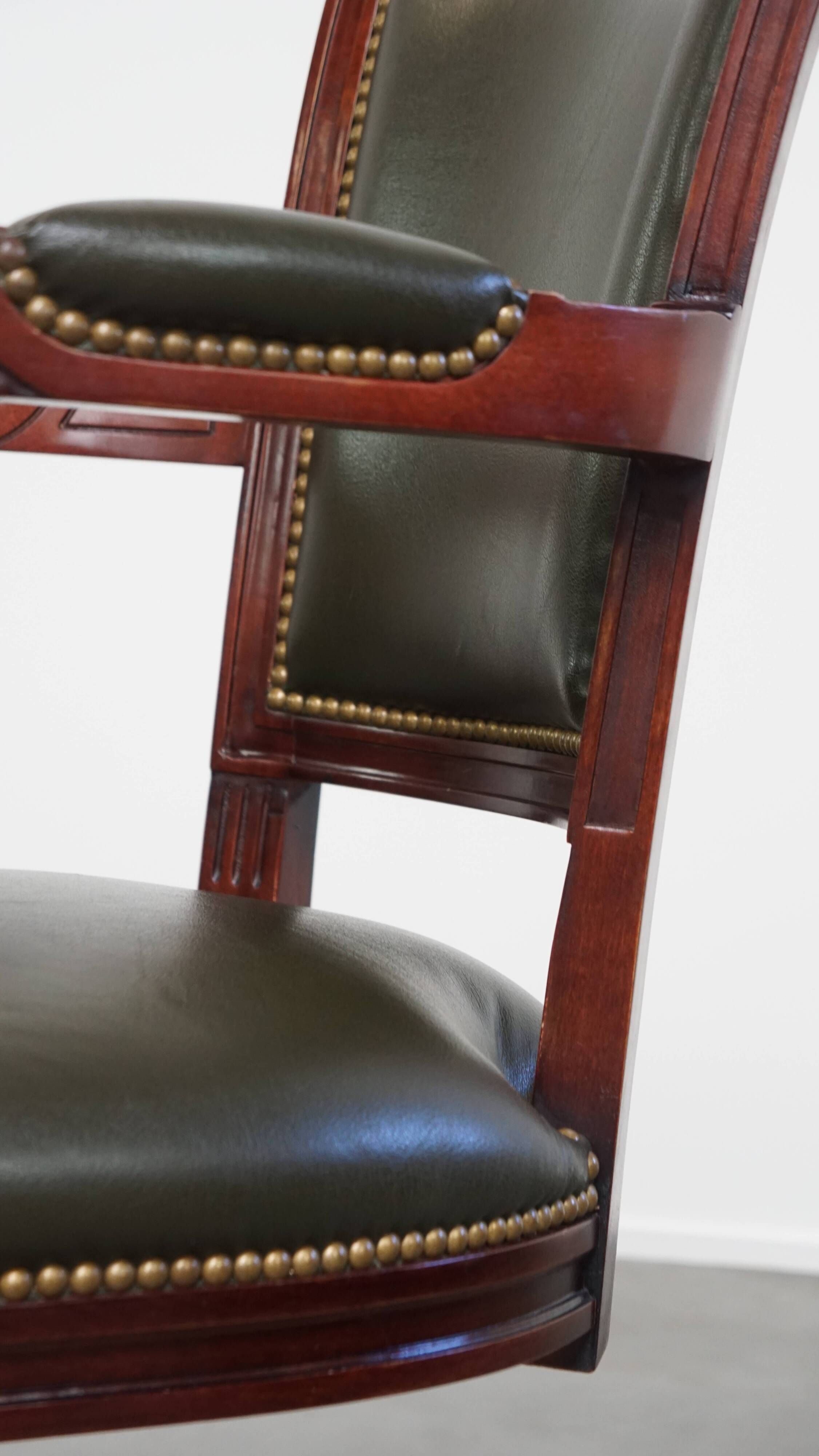 Green Cowhide Leather and Wooden Office Chair in English Style on Casters