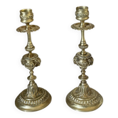 Pair of gilt bronze ram's head candlesticks, Louis XVI style, 19th century.