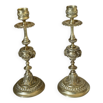 Pair of gilt bronze ram's head candlesticks, Louis XVI style, 19th century.