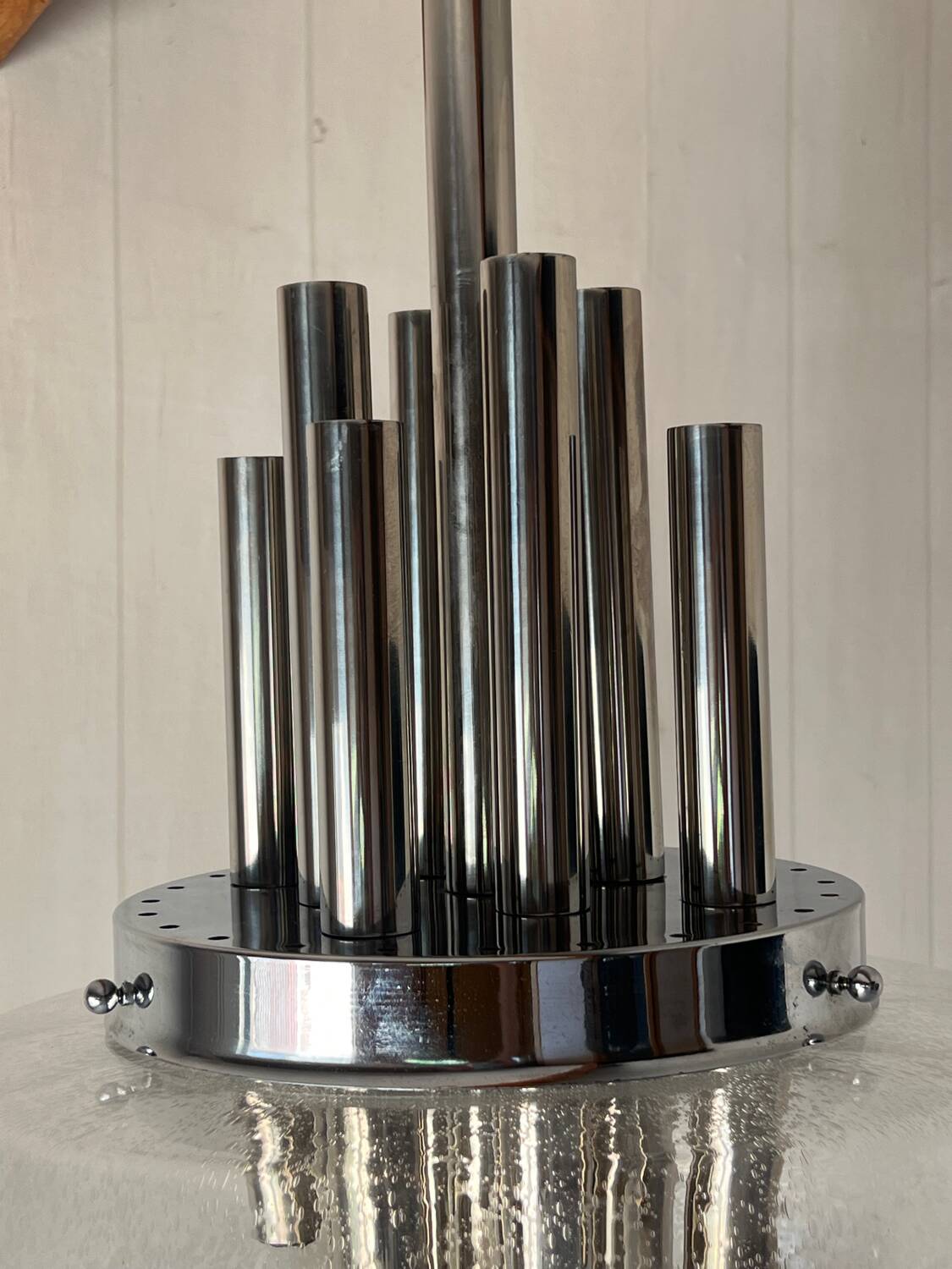 Very large Mazzega pendant light in chrome organ and Murano glass