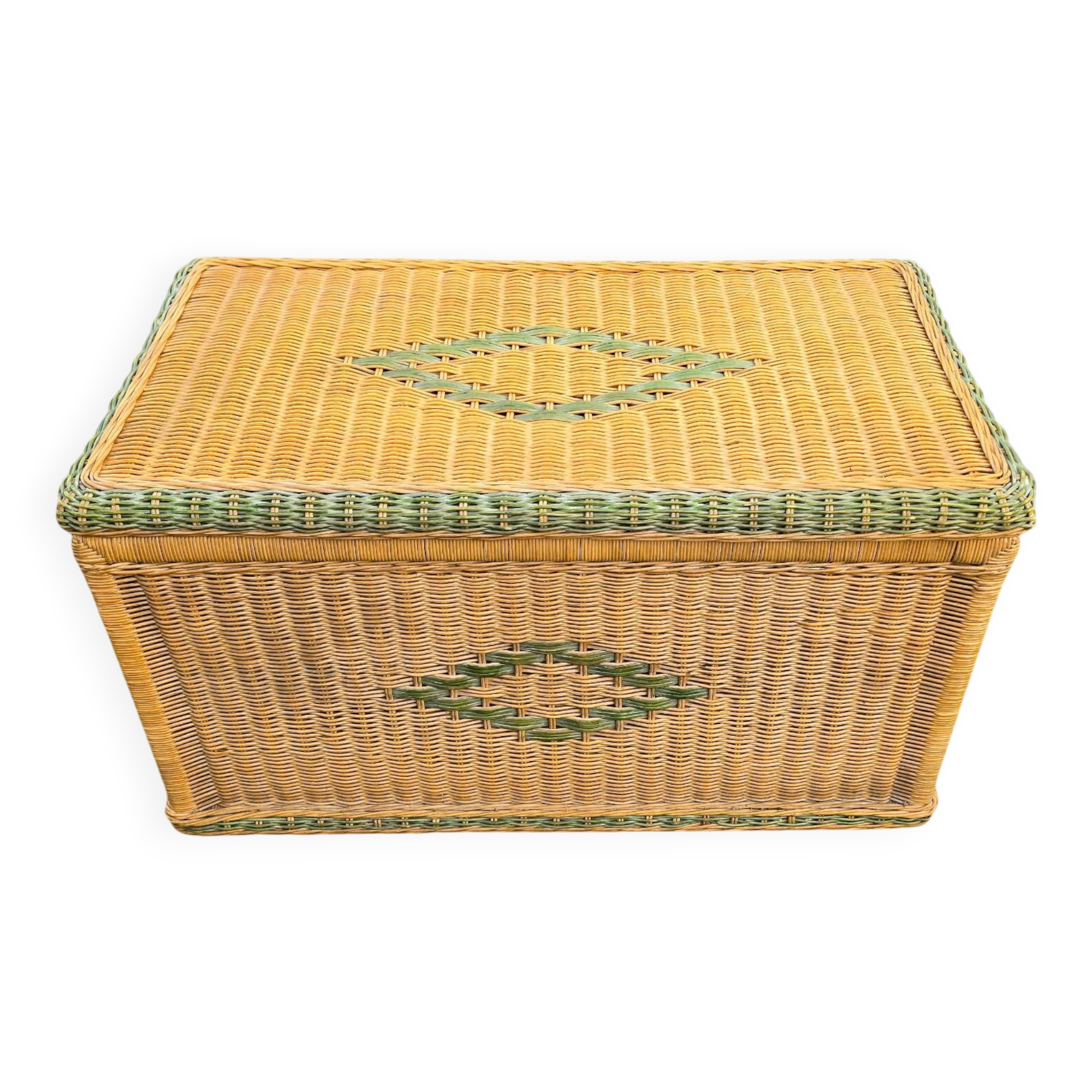 Large vintage wicker chest with green decoration.