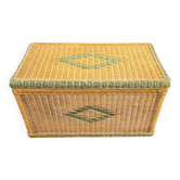 Large vintage wicker chest with green decoration.