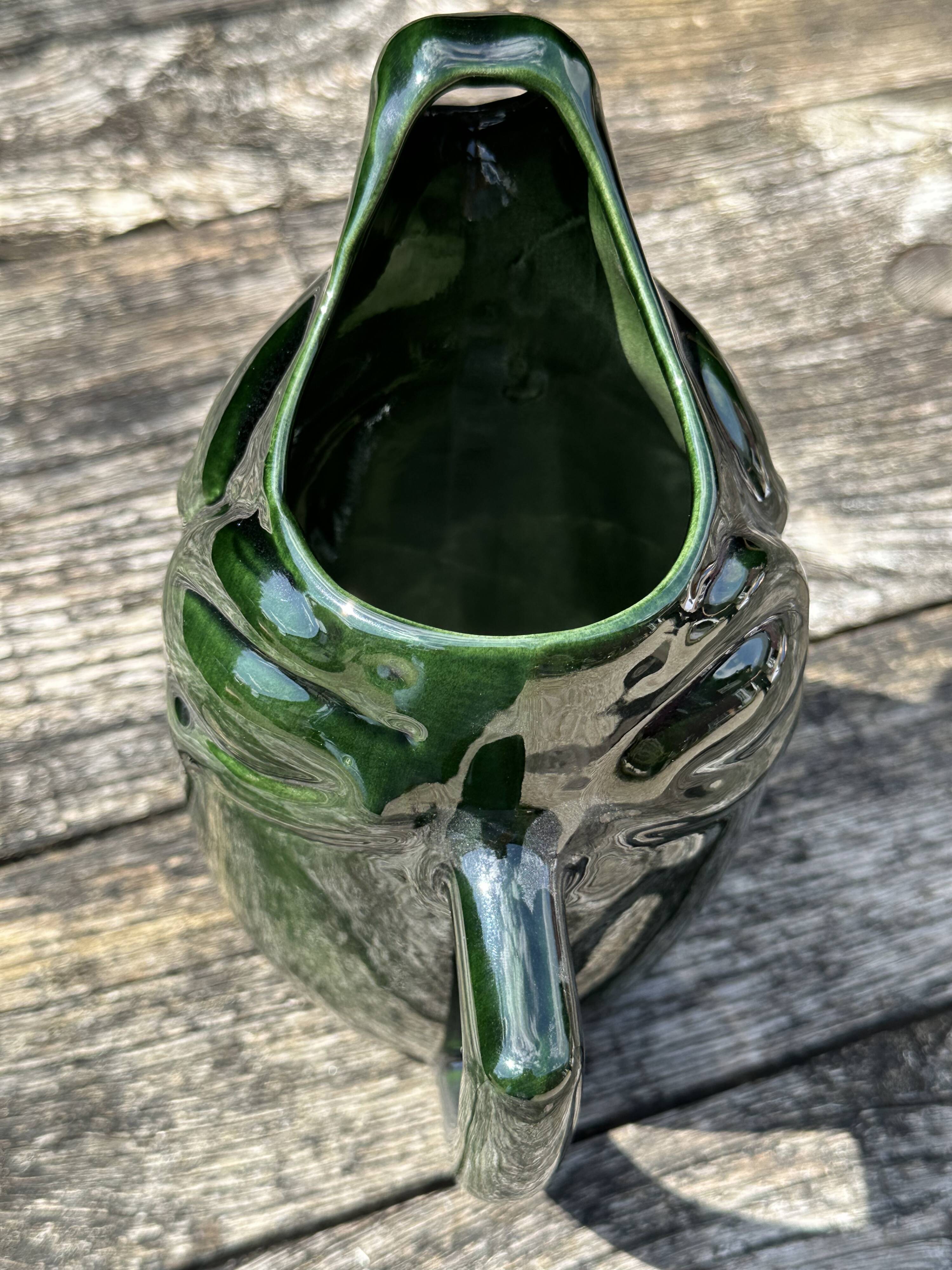 French ceramic dark green frog pitcher